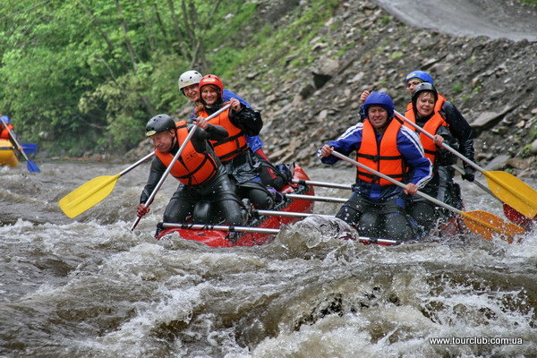 rafting on the Cheremosh in the Carpathians. catamaran in Huchok rapid